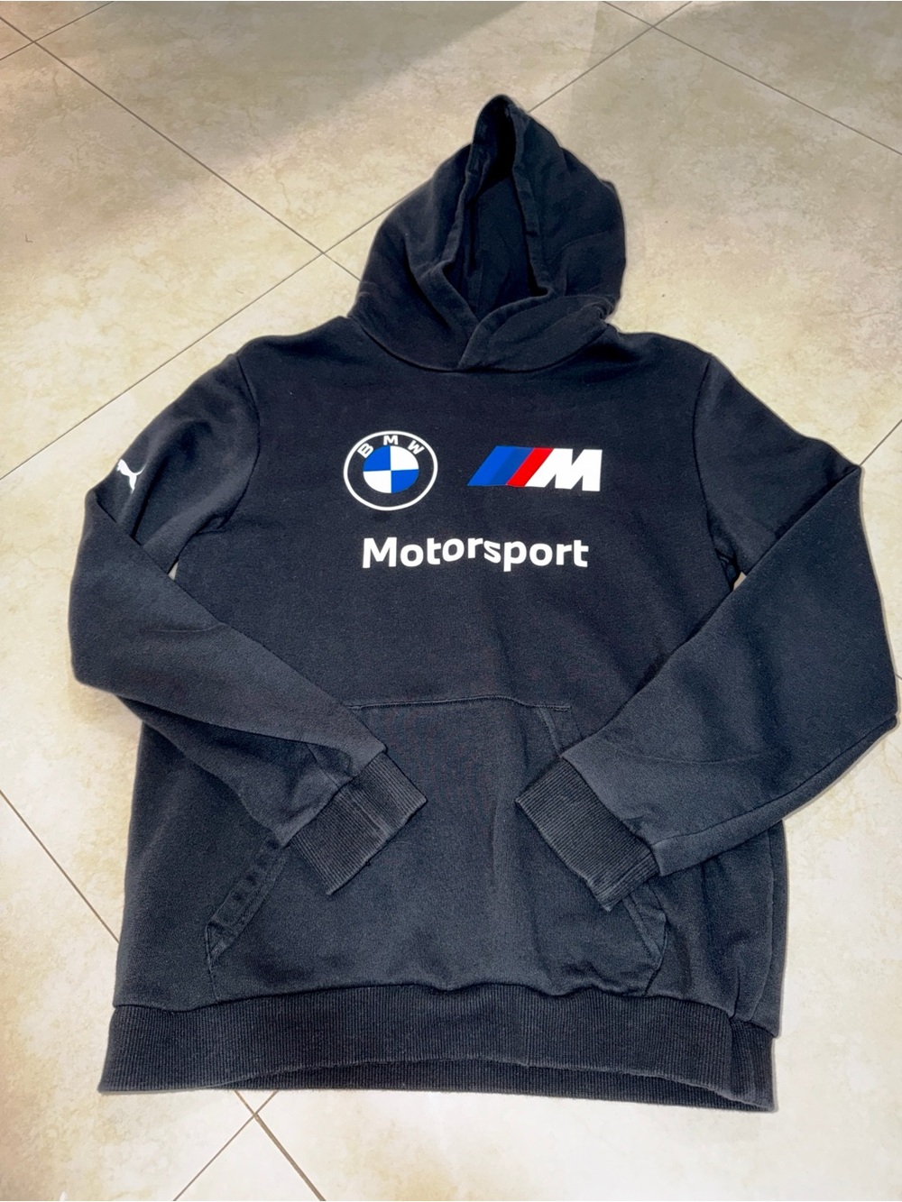 Youth Puma BMW Motorsport Black Hoodie with White and Tri-Color Logo